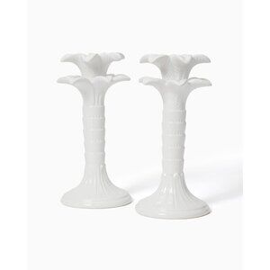 LILLY PULITZER Resort White Palm Tree Ceramic Candlesticks NEW NIB